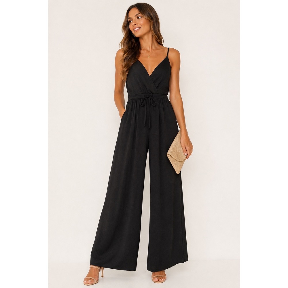 She + Sky Black Wide Leg Jumpsuit Tie Waist Sleeveless Boho Chic
Size M